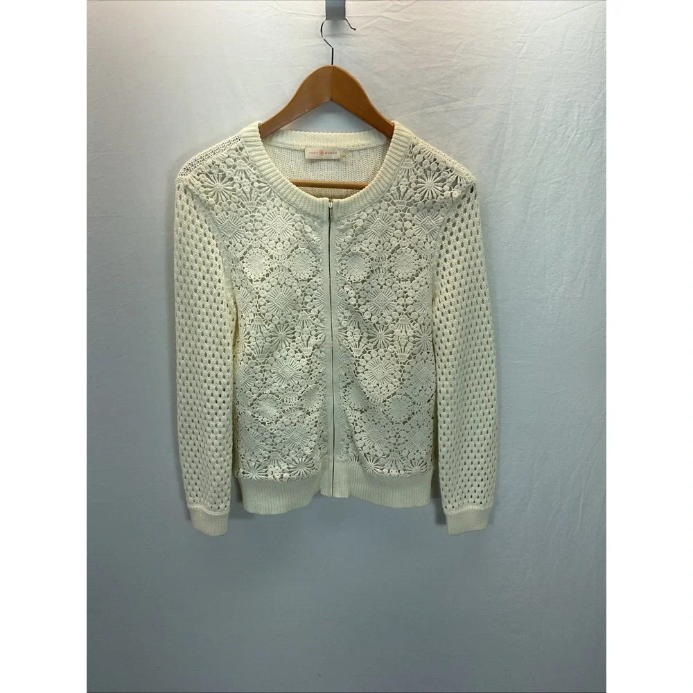 Tory Burch Ivory Zip Crochet‎ Trixie Cardigan Size S Lacey Casual Snag